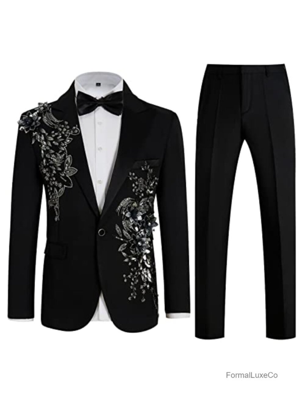 Slim Fit 2 Piece Formal Tuxedo Suit Blazer Pants with Bow Tie for Wedding Prom